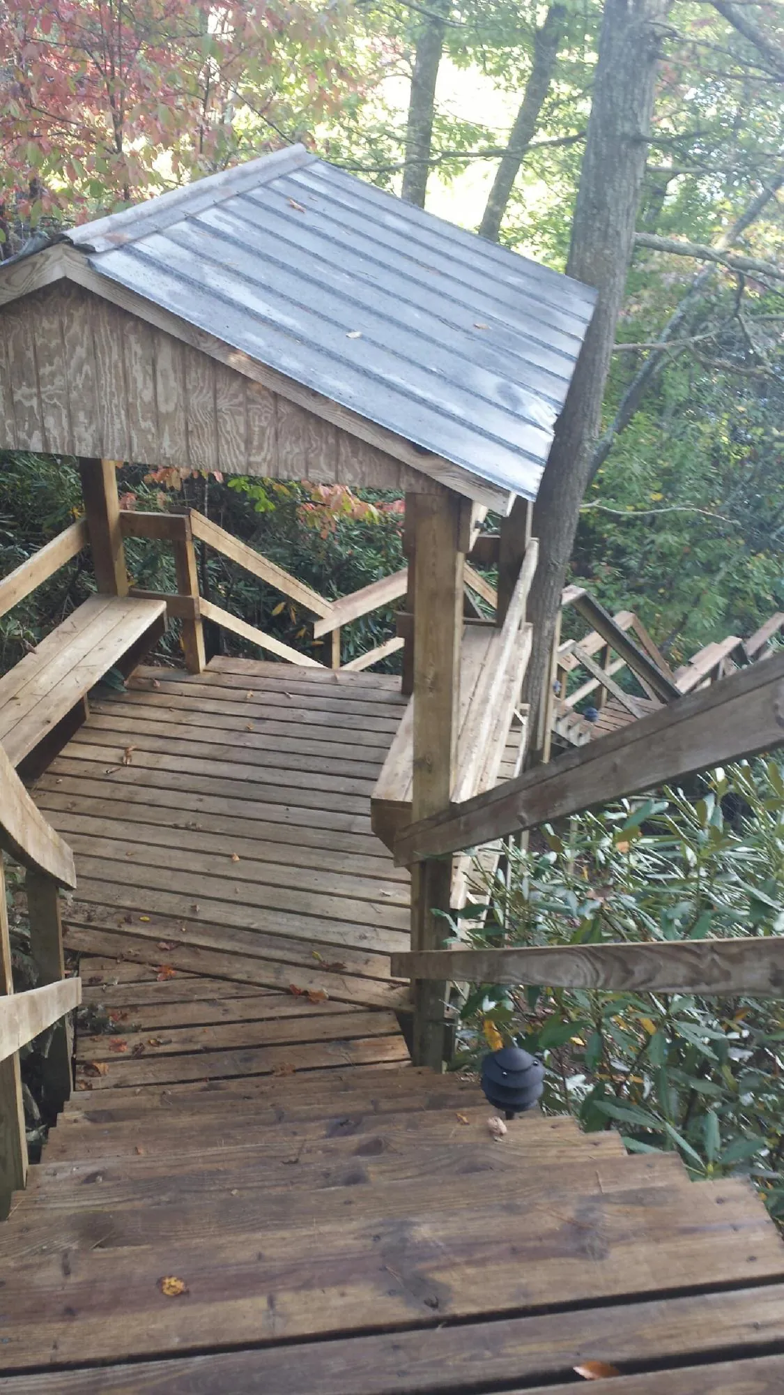 Metal roofed shelter over wooden steps on a wooded walkway — Skylight Repair & Installation work by our crew in Brenham